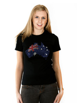 Australia GlamourGlitz Flag Women's T-Shirt - Exclusive GlamourGlitz ''Mommy and Me'' Women's T-Shirt. <br /><br /> Designed with a full Australian Flag design, crafted with Red, Silver and Blue Rhinestuds that catch a sparkle in the light. Whether you wear this to match up with your pet or just on it's own, you can be sure you are wearing a un...