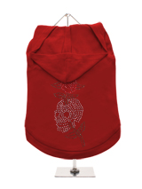 GlamourGlitz Skull & Rose Dog Hoodie - Exclusive GlamourGlitz 100% Cotton Hoodie. With a tattoo design attributing to 80's Glam Rock and crafted with Silver, Green and Red Rhinestuds that catch a sparkle in the light. Wear on it's own or match with a GlamourGlitz ''Mommy and Me'' Women's T-Shirt to complete the look.