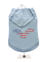 GlamourGlitz American Eagle Dog Hoodie - Exclusive GlamourGlitz 100% Cotton Hoodie. Embellished with a soaring American Eagle, the National Emblem and crafted with Red, Silver and Blue Rhinestuds that catch a sparkle in the light. Wear on it's own or match with a GlamourGlitz ''Mommy and Me'' Women's T-Shirt to complete the look.