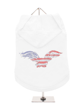 GlamourGlitz American Eagle Dog Hoodie - Exclusive GlamourGlitz 100% Cotton Hoodie. Embellished with a soaring American Eagle, the National Emblem and crafted with Red, Silver and Blue Rhinestuds that catch a sparkle in the light. Wear on it's own or match with a GlamourGlitz ''Mommy and Me'' Women's T-Shirt to complete the look.
