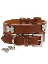 Brown Leather Diamante Collar & Diamante Bone Charm - Sparkling Bling Collar! This brown leather collar with a stitched edging has a crystal encrusted buckle with three large / bling sparkling diamante bones and a large sparkling diamante charm complete the look. A glamorous addition to the wardrobe of any trendy pooch.S Width: 14mmM Width: 19mmL Width...