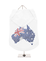 GlamourGlitz Australia Flag Dog Hoodie - Exclusive GlamourGlitz 100% Cotton Hoodie. A full Australian Flag design crafted with Red, Silver and Blue Rhinestuds that catch a sparkle in the light. Wear on it's own or match with a GlamourGlitz ''Mommy and Me'' Women's T-Shirt to complete the look.